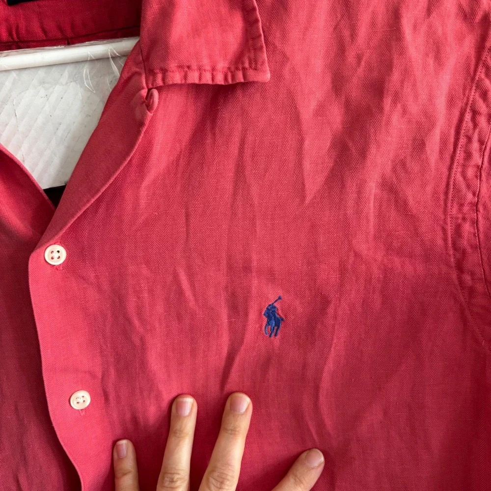 Polo Ralph Lauren Shirt Mens XL Pink Linen Silk Herringbone Short Sleeve Button
